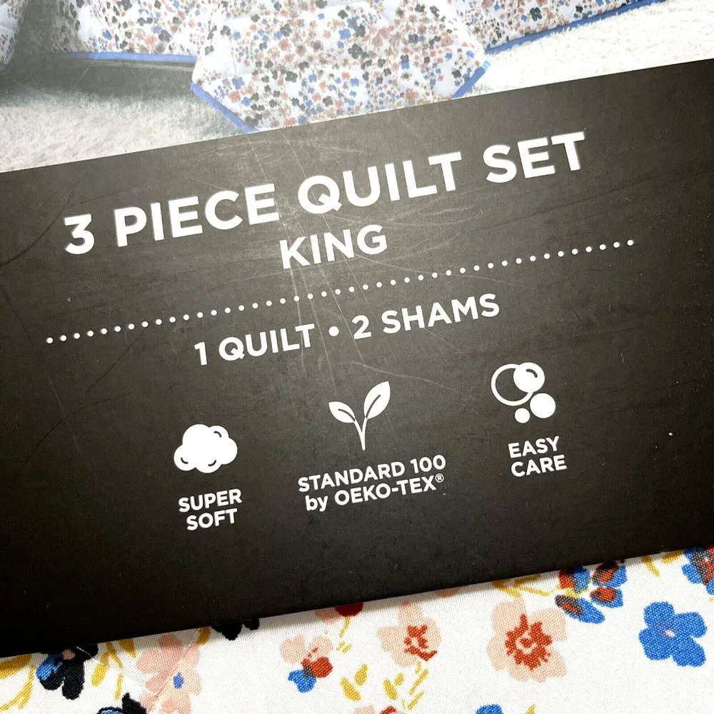 NWT KARL LAGERFELD 3pc Quilt Set + Shams Ditsy Floral King Comforter 102 x 86